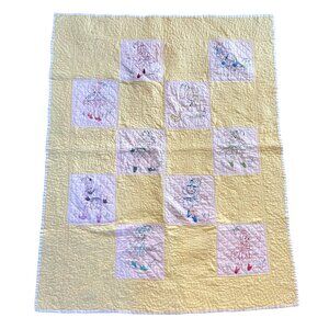Vintage Fairy Elf Baby Blanket Quilt Hand Drawn Handmade Yellow Flaws READ